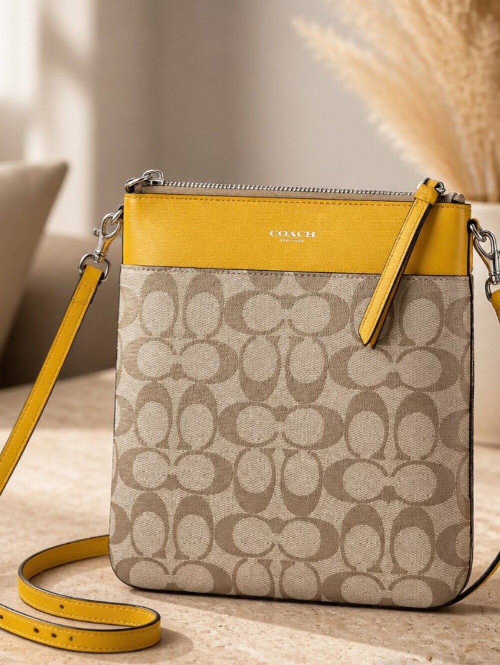Coach Signature Crossbody with Yellow Leather Trim Canvas Vintage Capsule Classy